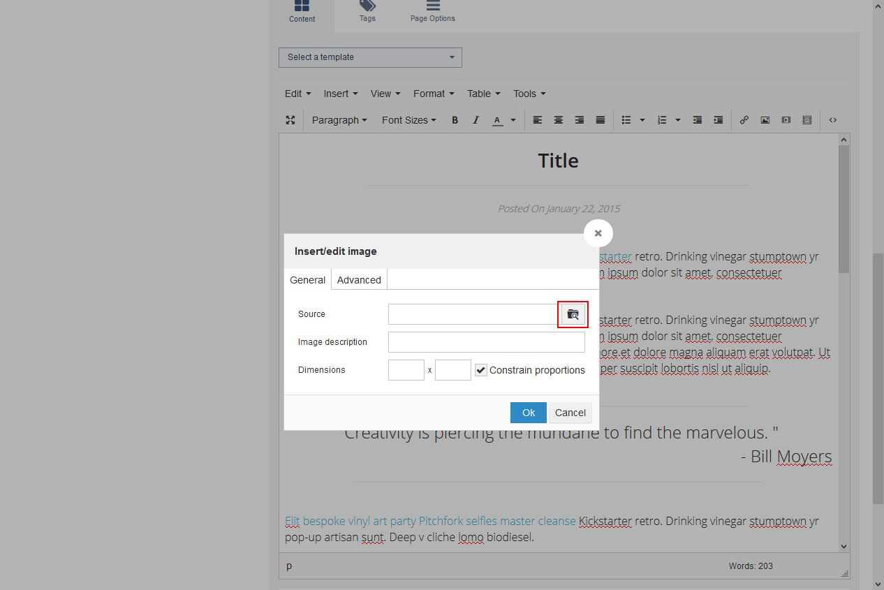 Select insert image icon on top bar of Editor (in between the table icon and media icon) 