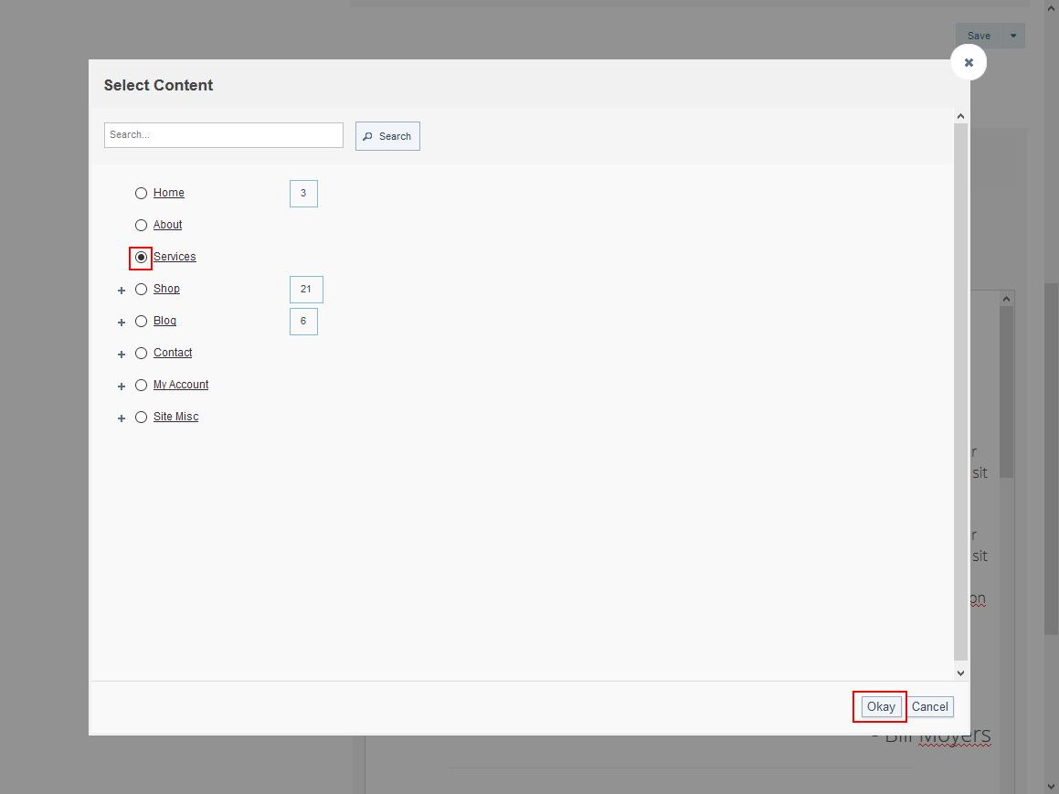 Search through pages to find the page you would like to link too and select the radio button and Click okay